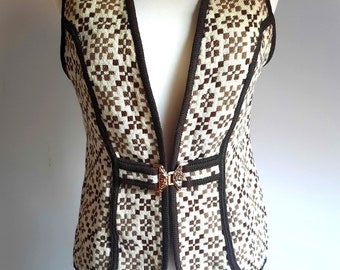 Welsh wool vintage 1960s 1970s beige brown printed tapestry waistcoat gilet small size
