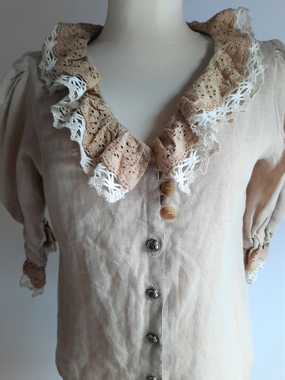 Vintage 1990s beige linen crochet lace broderie a… - image 2