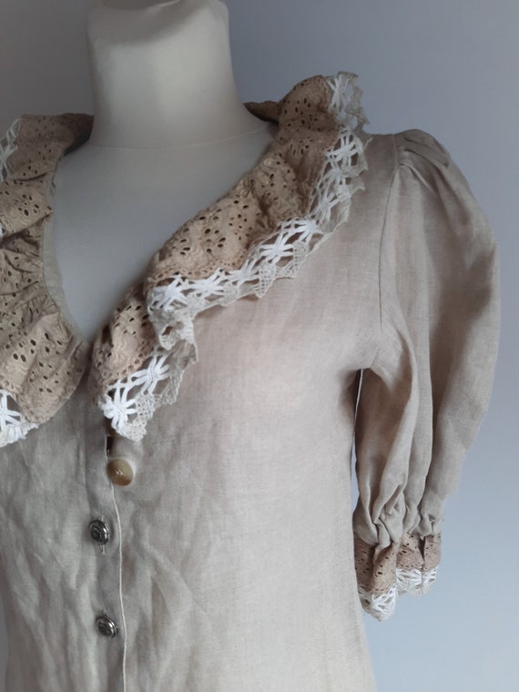 Vintage 1990s beige linen crochet lace broderie a… - image 3
