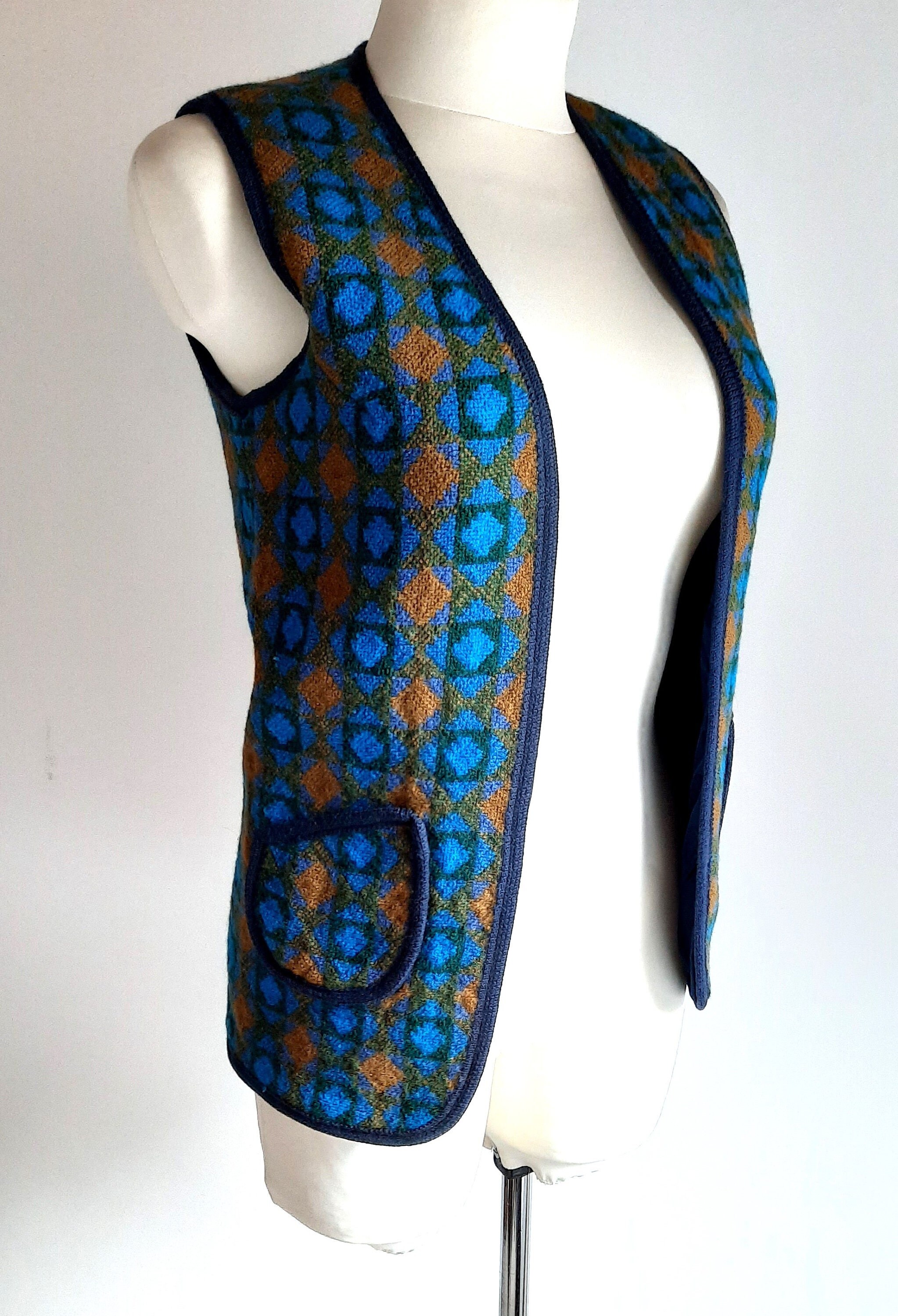 Welsh wool tapestry vintage 1960s 1970s blue brown open front gilet waistcoat small size