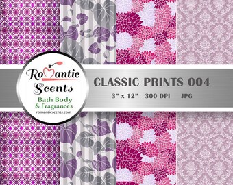 Pretty Pink Floral Digital Prints, Vintage Soap Label Wrapper, 3x12 Pattern Bundle Paper Set, Repeat Background, 4 Seamless Prints Stickers