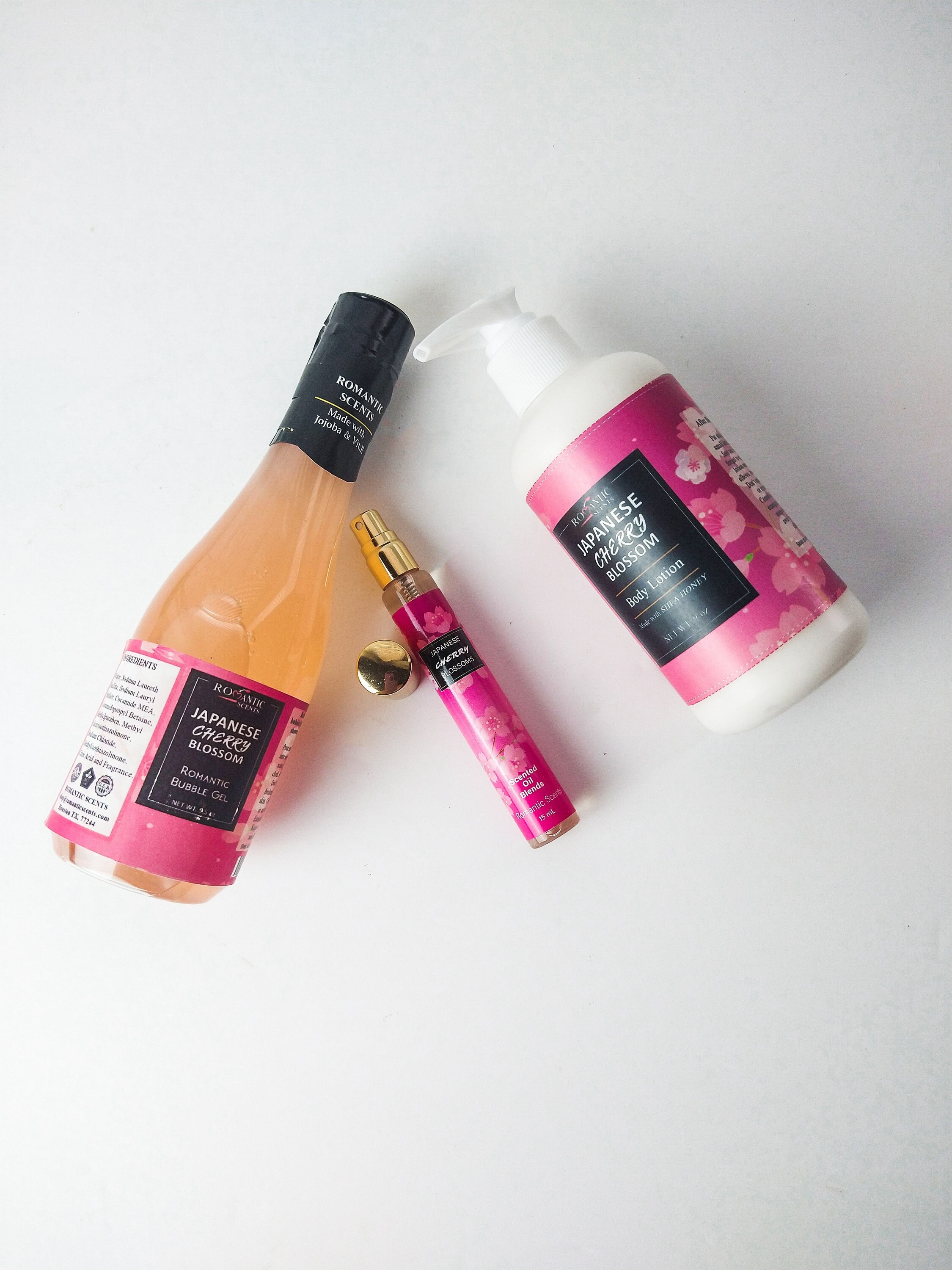 Japanese Cherry Blossom Gift Set 3 Piece Body Oil, Lotion, Jojoba Bubble Bath Vitamin E, Gift for Girlfriend, Thinking of You Gift for GRAD