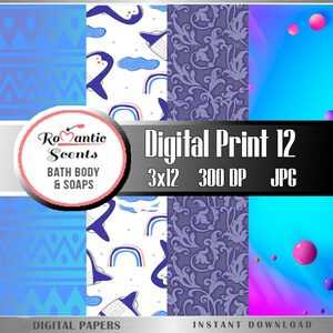 May include: Digital print paper pack with three designs. The first design features a white background with blue penguins, clouds, and rainbows. The second design features a purple background with a floral pattern. The third design features a blue and purple gradient background with pink and orange circles.