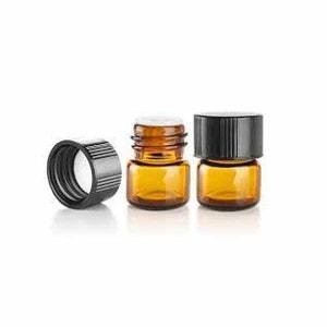 May include: Three amber glass bottles with black screw-on caps and white liner inserts. The bottles are small and cylindrical.
