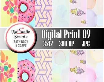 Donut Digital Prints, Foodie Snack Theme Ice Cream, Cotton Candy Seamless Pattern, Junk Journal Watercolor Design 6 Patterns Scrapbook 2x12