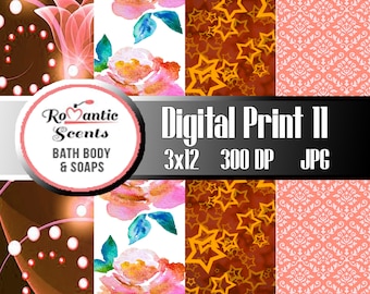 Bright Cosmic Solar Waves, Floral Digital Prints, Star Pattern, Soap Wrapper 3x12 Instant Download, Digital Collage Sheet 4 Sticker Prints