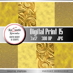 Puede incluir: Conjunto de cuatro papeles texturizados dorados impresos digitalmente. Los papeles tienen diferentes patrones, incluyendo un diseño floral, una superficie texturizada y una superficie lisa. Los papeles miden 7,62 cm x 30,48 cm y 300 DPI. El texto "Digital Print 15" es visible en la imagen.