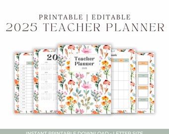 Planificador docente 2025 imprimible / Carpeta de 39 páginas / Acuarela floral verde y naranja / Libro de planificación de lecciones / Organizador digital para docentes en PDF