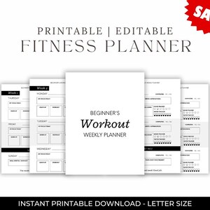 May include: A printable fitness planner with a minimalist design. The planner includes sections for tracking workouts, mood, and water intake. The text "Beginner's Workout Weekly Planner" is visible. A red "SALE" tag is in the upper right corner.