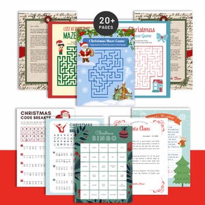 Puede incluir: Una colección de páginas de actividades con temática navideña, que incluyen laberintos, un descifrador de códigos y bingo. Las páginas presentan ilustraciones festivas de Papá Noel, copos de nieve y árboles de Navidad. El texto "20+ PAGES" es visible.