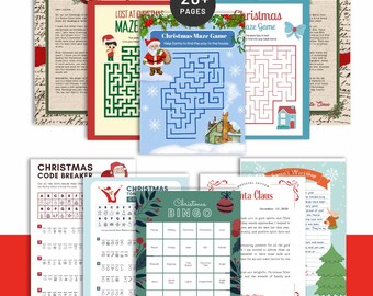 Paquete de juegos navideños imprimibles y editables: laberintos, tarjetas de bingo, rompecabezas, descifrador de códigos, juego de emojis y 10 cartas de Papá Noel. Kit para fiestas navideñas.