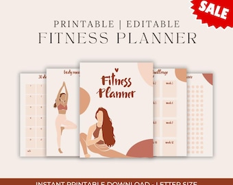 Planificador de fitness minimalista (eBook) / Planificador de bienestar en blanco y beige (PDF) / Seguimiento de entrenamiento, registro de pasos, objetivos de pérdida de peso, diario de fitness, dieta