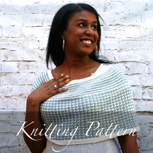 May include: A woman wearing a blue and white striped knitted shawl with a white background. The shawl has a geometric pattern and is knitted in a loose stitch. The text "Knitting Pattern" is visible at the bottom of the image.