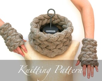 Knitting Pattern Set - Cozy Cabled Cowl and Mitts - Cable Neck Warmer Pattern - Fingerless Gloves Pattern - Winter Knitting - Infinity Scarf