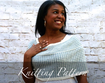 Knitting Pattern: The Dockside Caplet ~ Spring Infinity Shawl Checked and Striped Shoulder Wrap Preppy Houndstooth Stripe Women Accessory