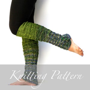 May include: Green and blue knitted leg warmers with a textured pattern and green buttons. Knitting pattern.