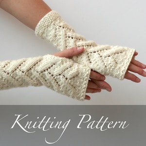 Knitting Pattern: Snowy Branches Fingerless Mitts ~ Hand Knit Textured Lace Gloves Open Mittens Long Arm Cuffs