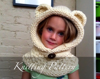 Knitting Pattern - The Wee Wanderer - Child Hooded Scarf - Kids Animal Hood - Teddy Bear Ear Hat - Boy Hat - Girl Hat - Animal Hat - Ear Hat