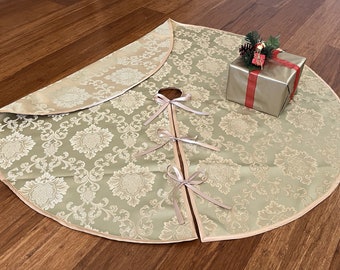 Christmas Tree Skirt, Reversible Cotton Jacquard Tree Skirt, Mint Green and Gold Tree Skirt