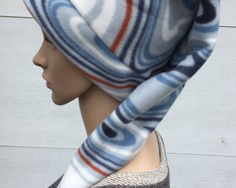 Weiß Blau Schiefer Swirl Pixie Hat, Lange Elbenmütze aus hellem Warmen Fleece