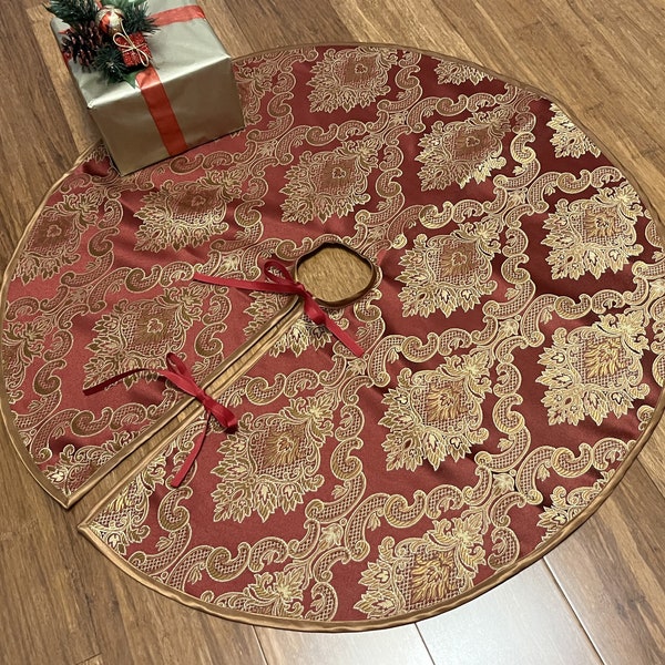 Christmas Tree Skirt, Reversible Cotton Jacquard Tree Skirt, Deep Red and Old Gold Tree Skirt