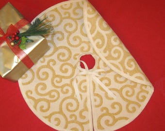 Gold and White Tree Skirt,Cotton Handmade Reversible Christmas Tree Skirt,  Christmas Decoration, Christmas Ornament