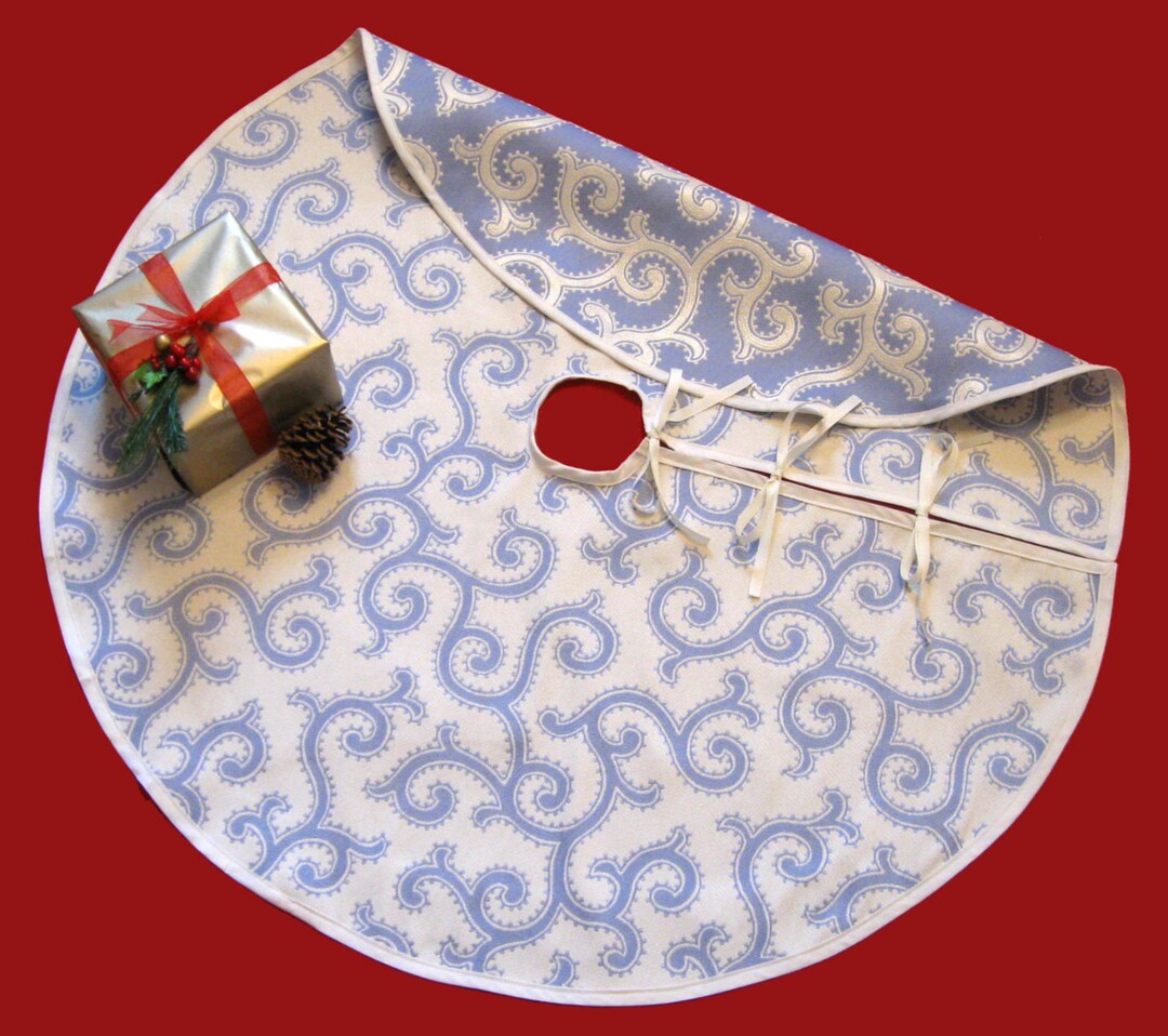 Blue and White Tree Skirt, Snow Frost Cotton Christmas Tree Skirt