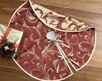 Christmas Tree Skirt, Reversible Cotton Jacquard Tree Skirt, Wine and Gold Swirl Tree Skirt