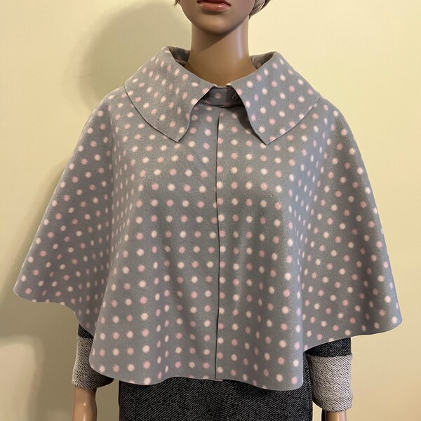 Adaptive Fleece Wheelchair Poncho, Hospital Cape or Jacket, Adult Senior Short Cloak, Light Gray Pink Polka Dot