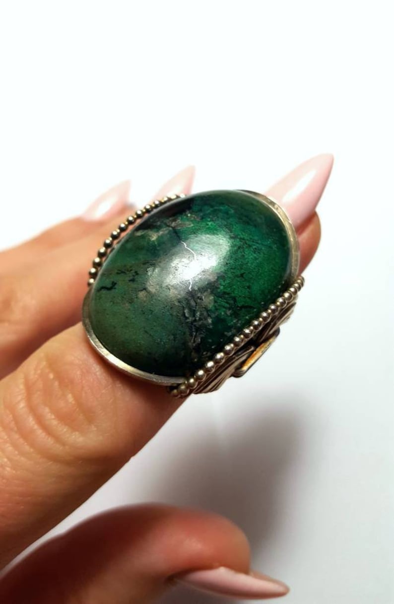 Wrapped Rings Size 9 Ready to Ship Or Handmade Sized to Order Big Green Oval Stone CLEARANCE Chrysocolla Statement Ring Sterling Silver