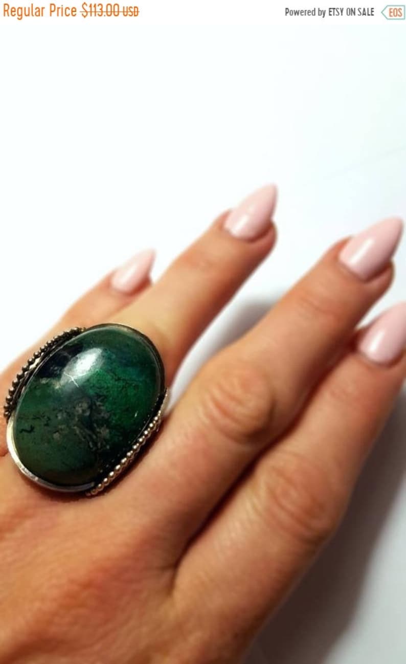 Wrapped Rings Size 9 Ready to Ship Or Handmade Sized to Order Big Green Oval Stone CLEARANCE Chrysocolla Statement Ring Sterling Silver