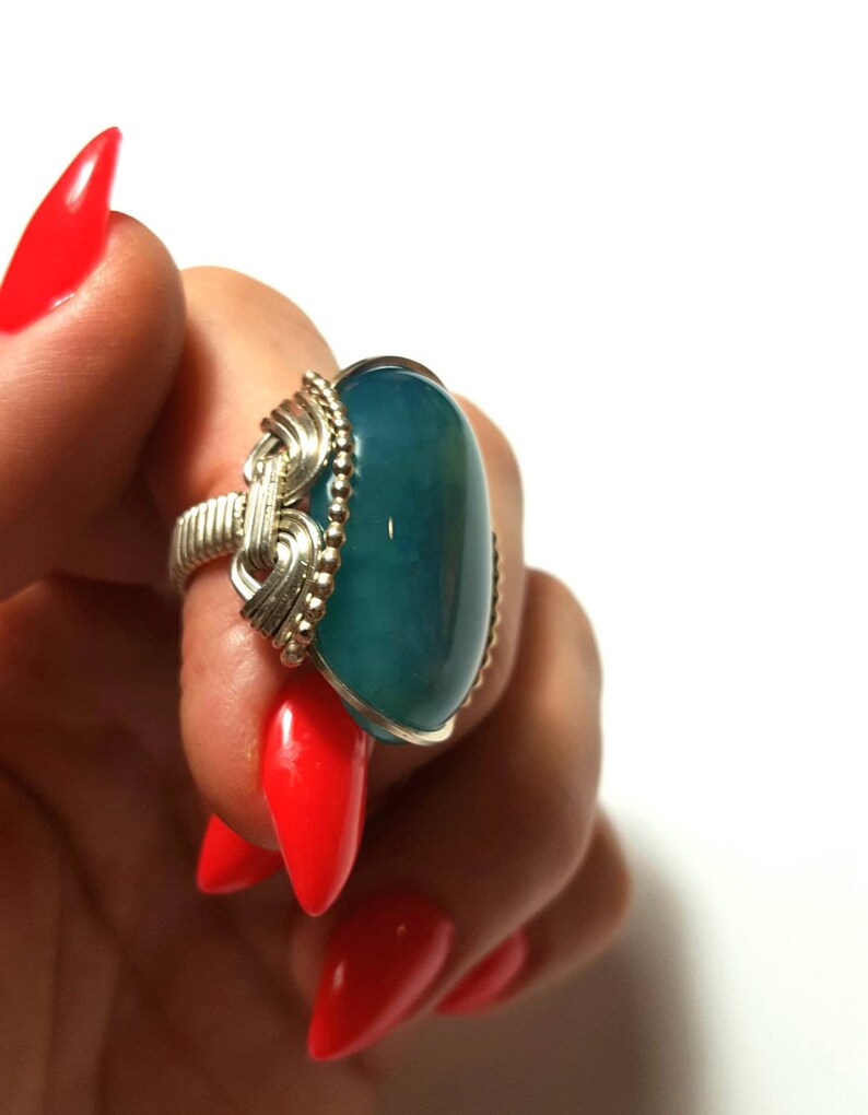 CLEARANCE Teal Blue Agate Ring Size 8 Ready to Ship Aqua Blue Agate Sterling Silver Wrapped Or Handmade to Order U Wrapped Silver Ring
