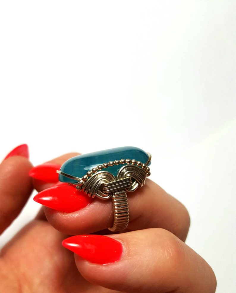 CLEARANCE Teal Blue Agate Ring Size 8 Ready to Ship Aqua Blue Agate Sterling Silver Wrapped Or Handmade to Order U Wrapped Silver Ring