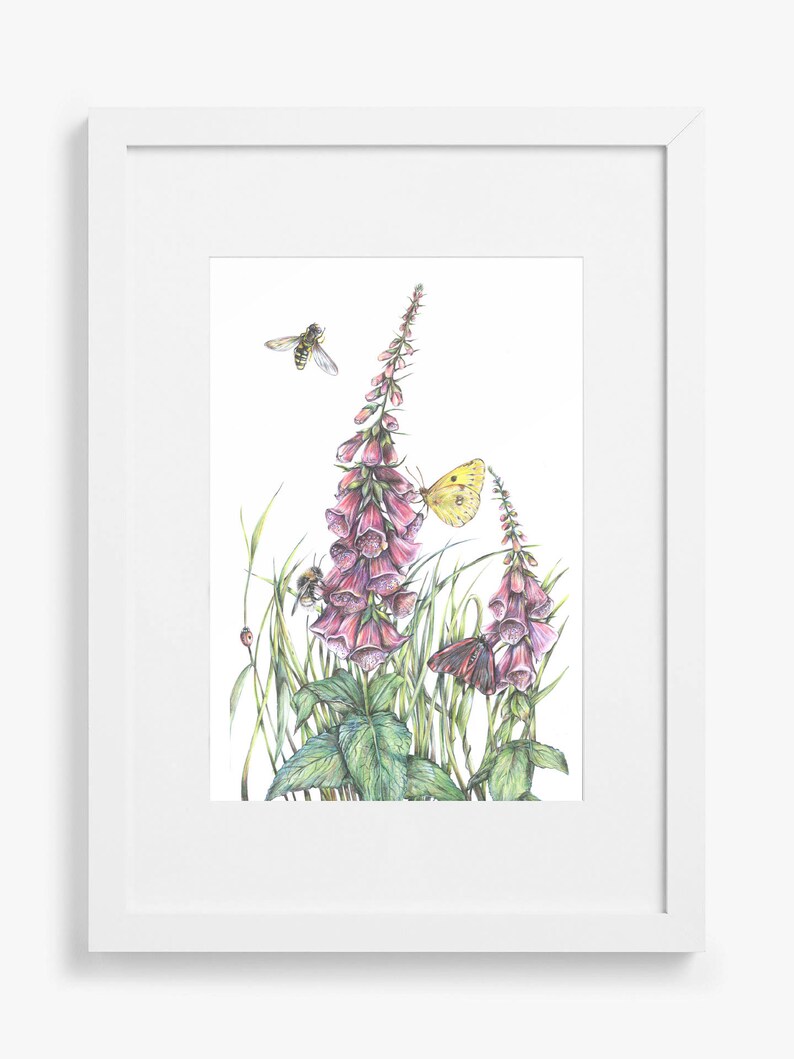 K&ouml;nnte beinhalten: Eine Aquarellillustration von rosa Fingerhutblumen mit gr&uuml;nen Bl&auml;ttern und zwei Schmetterlingen, einem gelben und einem braunen, sowie einer Biene.