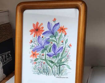 Original signed watercolor. Colorful Wildflowers. In wooden frame, under glass and ready to hang.