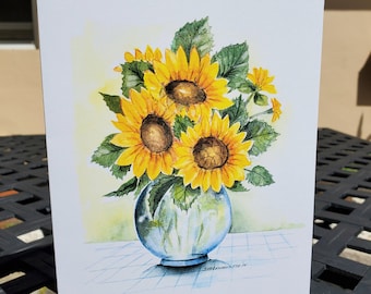 Sunflower Vase Greeting Card: Original Watercolor Art by Sister Mary