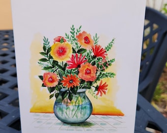 Large greeting card, colorful vase from original watercolor painting . No words. Add anyone's name and special wishes for the occasion.