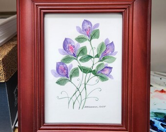 Original Floral Watercolor Painting, Soft Purples Pinks, Redwood Frame