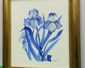 Framed Blue Irises Watercolor Painting, Signed Original Art