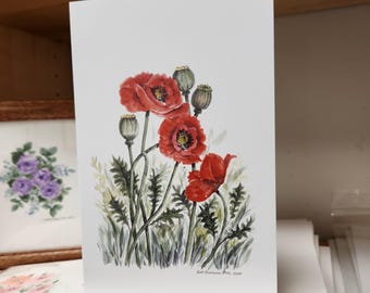 Poppy greeting card from an original watercolor by Sister Mary. #3 in a series of three.