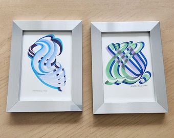 Framed Abstract Watercolor Paintings, Silver Frame, Set of 2