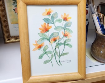 Signed Floral Watercolor Painting, Blond Wood Frame, Ready to Hang