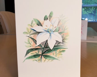 Watercolor White Lily Greeting Card – Personalized Floral Note Card