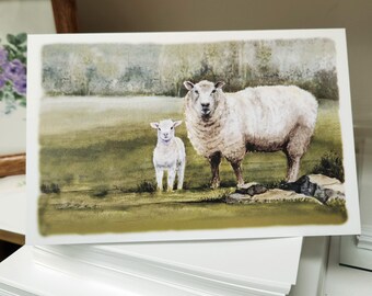 Mother sheep with her lamb. Greeting card from an original watercolor by Sister Mary