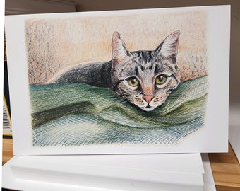 Gray Tabby Cat Greeting Card: Original Pencil Drawing by Sister Mary