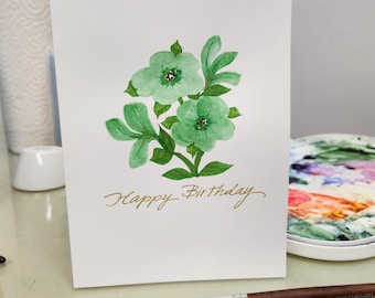 Hand Painted green floralBirthday Card. Add any name.