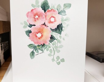 Original hand painted watercolor card. One of a kind. Soft pinks.