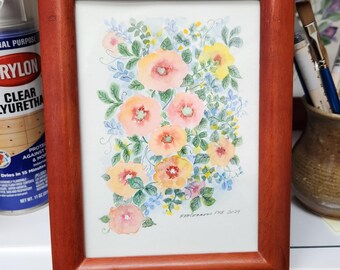 Original signed watercolor painting, Pastel colors in redwood frame, with glass, ready to hang.
