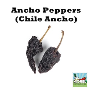 Op de afbeelding: Twee gedroogde ancho pepers, ook wel chile ancho genoemd, worden getoond tegen een witte achtergrond. De pepers zijn donkerbruin en hebben een gerimpelde textuur.
