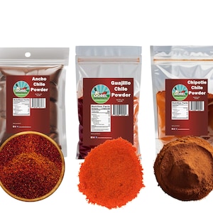Chile Powder Trio. Ancho Powder, Chipotle Powder, Guajillo Powder. (3 pack) 12 oz Total.
